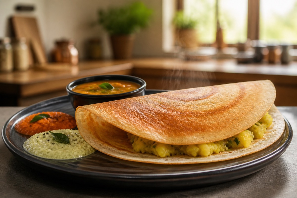 Fresh homemade dosa with chutneys