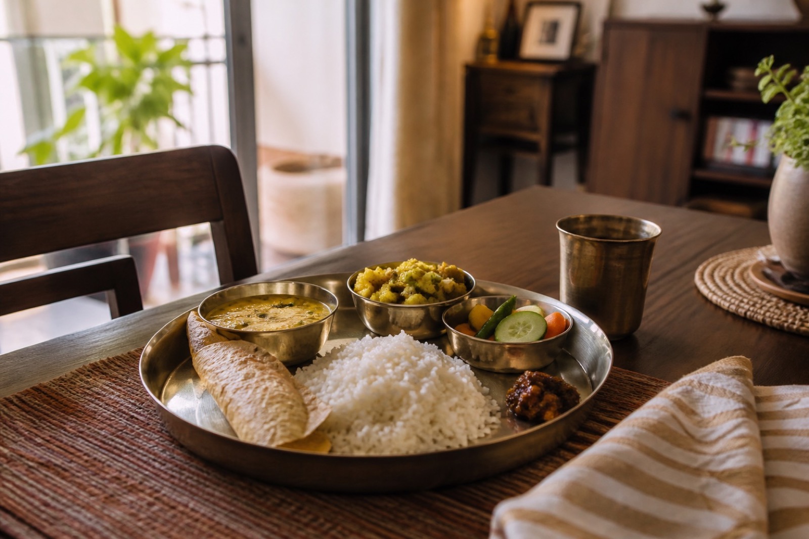 Homemade Indian thali on a home dining table